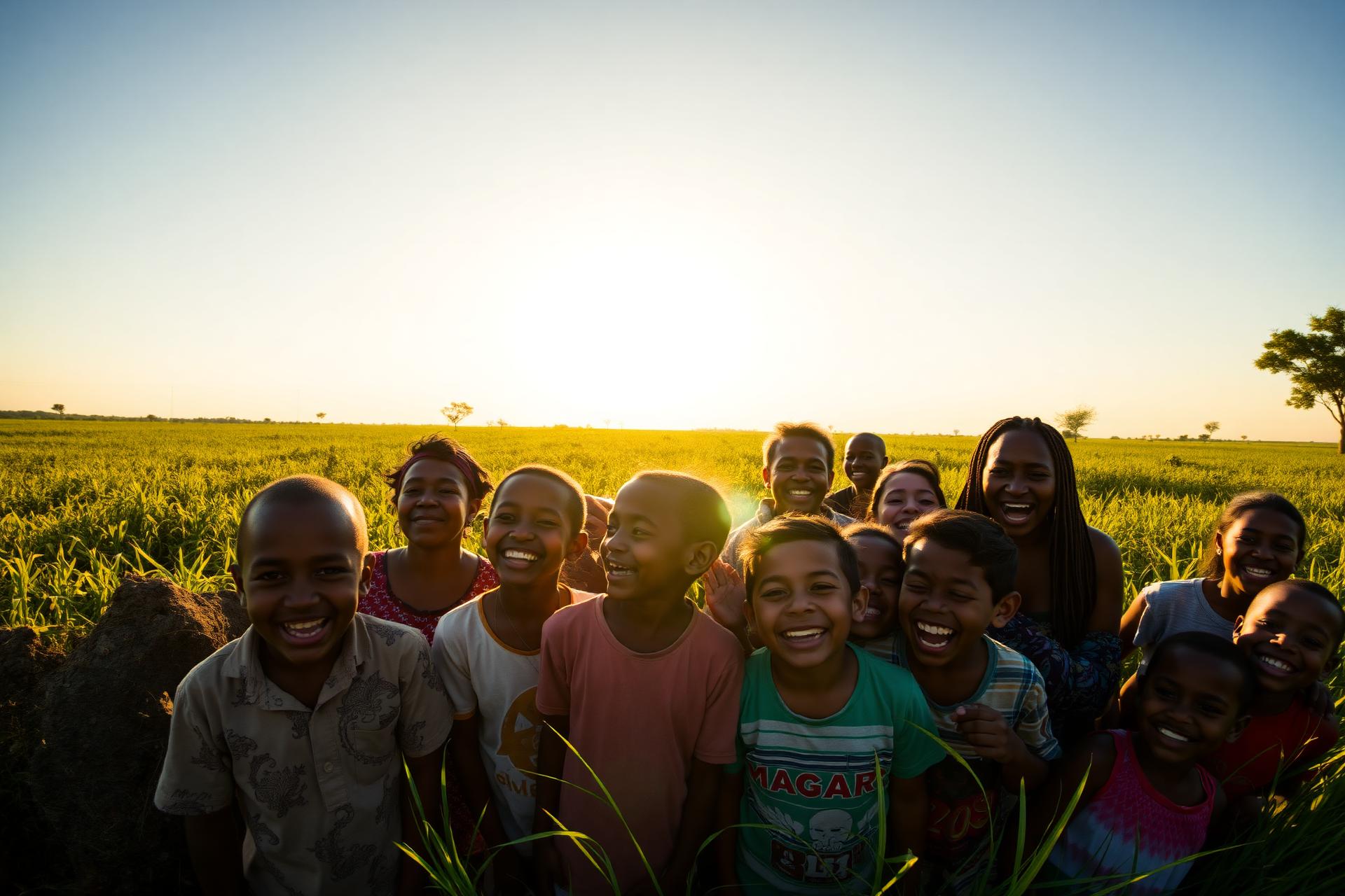 Diverse community gathered together in a sunlit landscape
